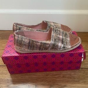 Tory Burch metallic rose gold tweed and tan leather espadrilles size 7